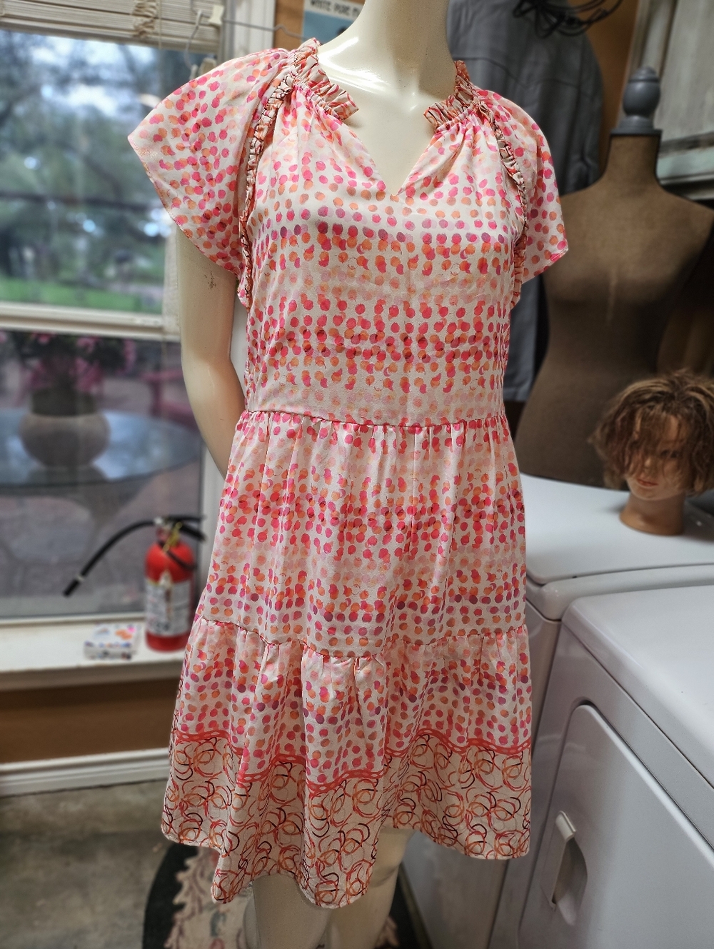 Jade Melody Tam Pink & Ivory Abstract Polyester Puff Sleeve Midi Dress XS